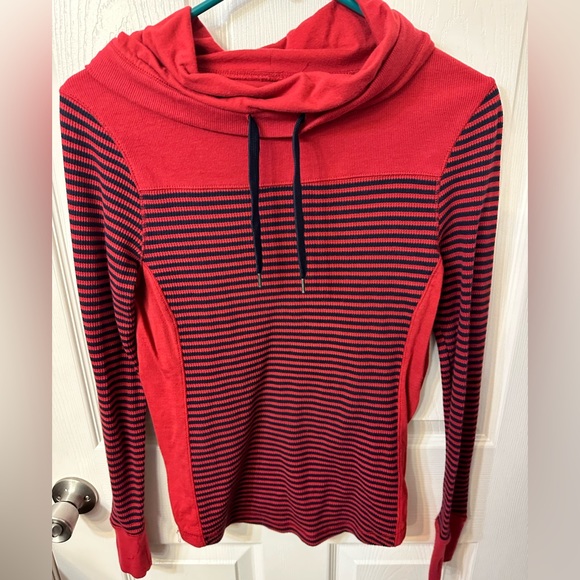 Eddie Bauer - Size Small - Red and Navy Striped Cowl Neck Long Sleeve Hoodie - Picture 1 of 3